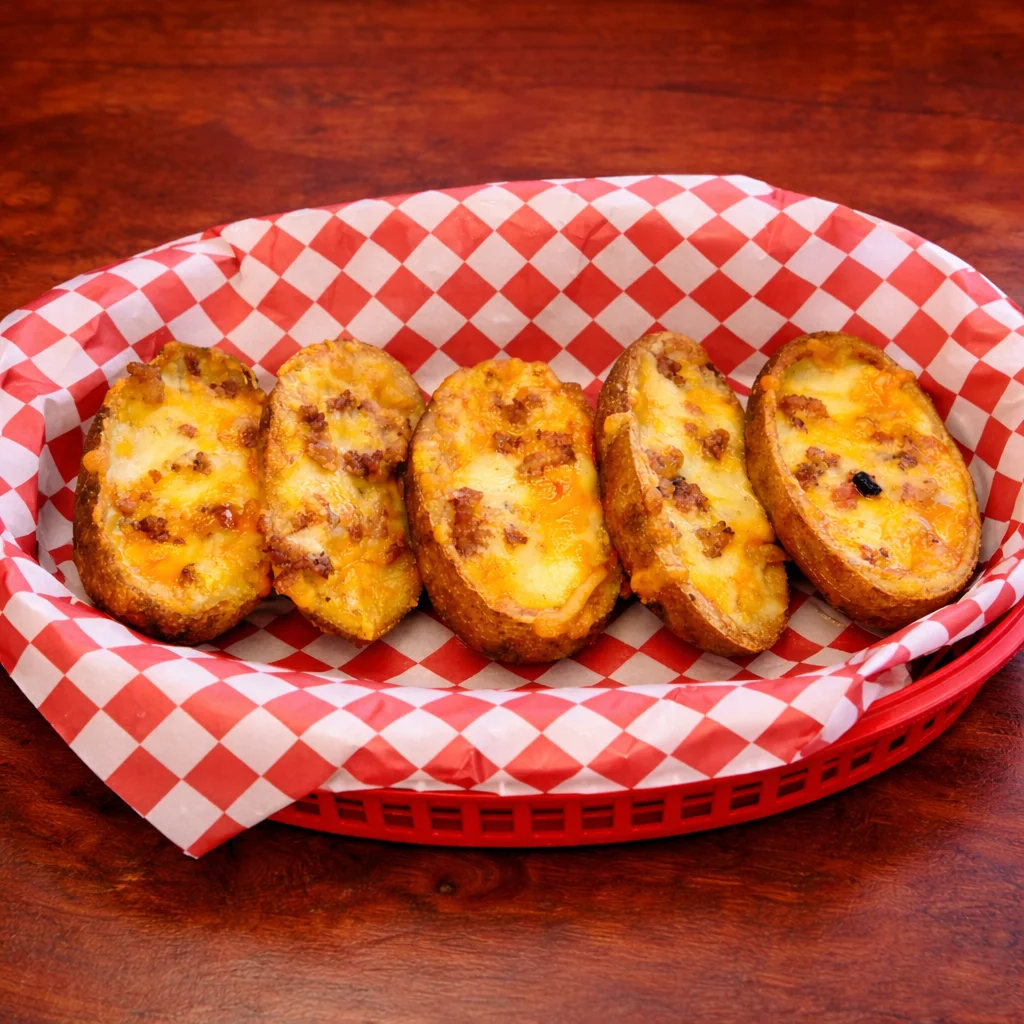Loaded Potato Skins with cheese, bacon and sour cream at Ring A Wing